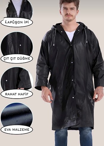 Siyah Uzun Kadın Erkek Yağmurluk Kapüşonlu - Görsel 3