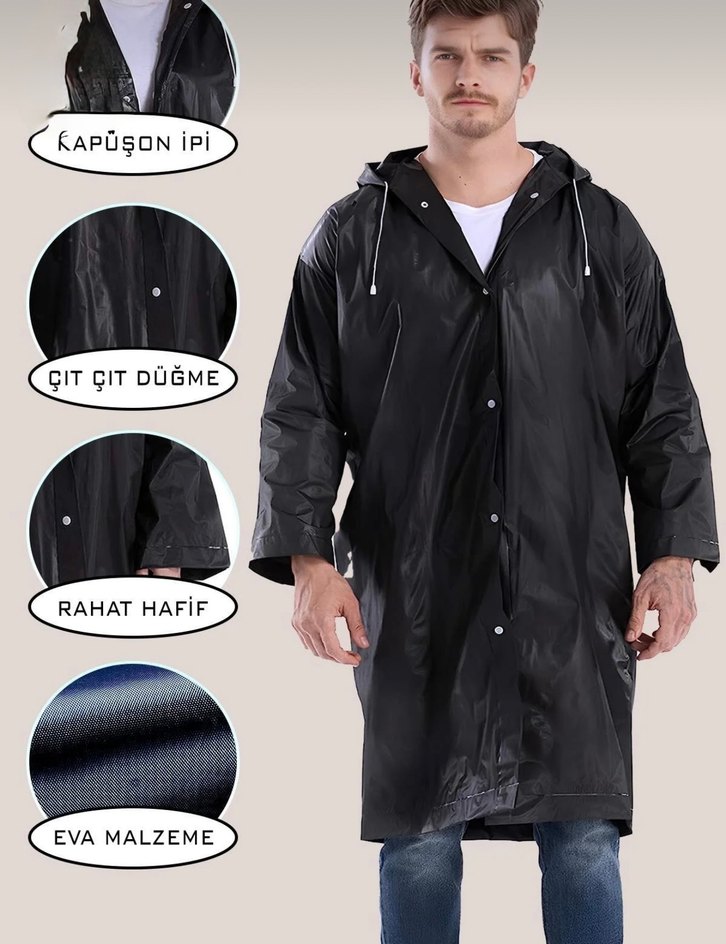 Siyah Uzun Kadın Erkek Yağmurluk Kapüşonlu - Görsel 3