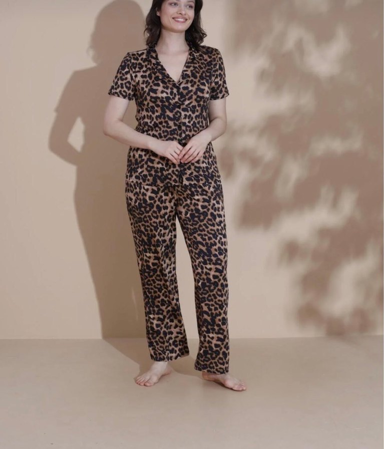 Kahverengi Leopar Desenli Rahat Kadın Pijama - Görsel 3