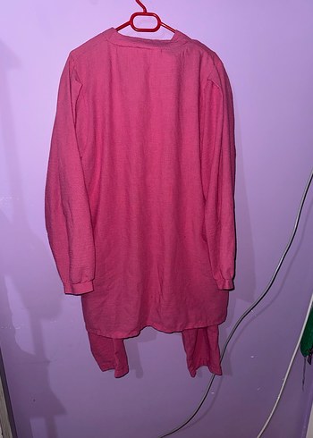 Pembe Rahat Kesim Kadın Keten Takım - Görsel 2