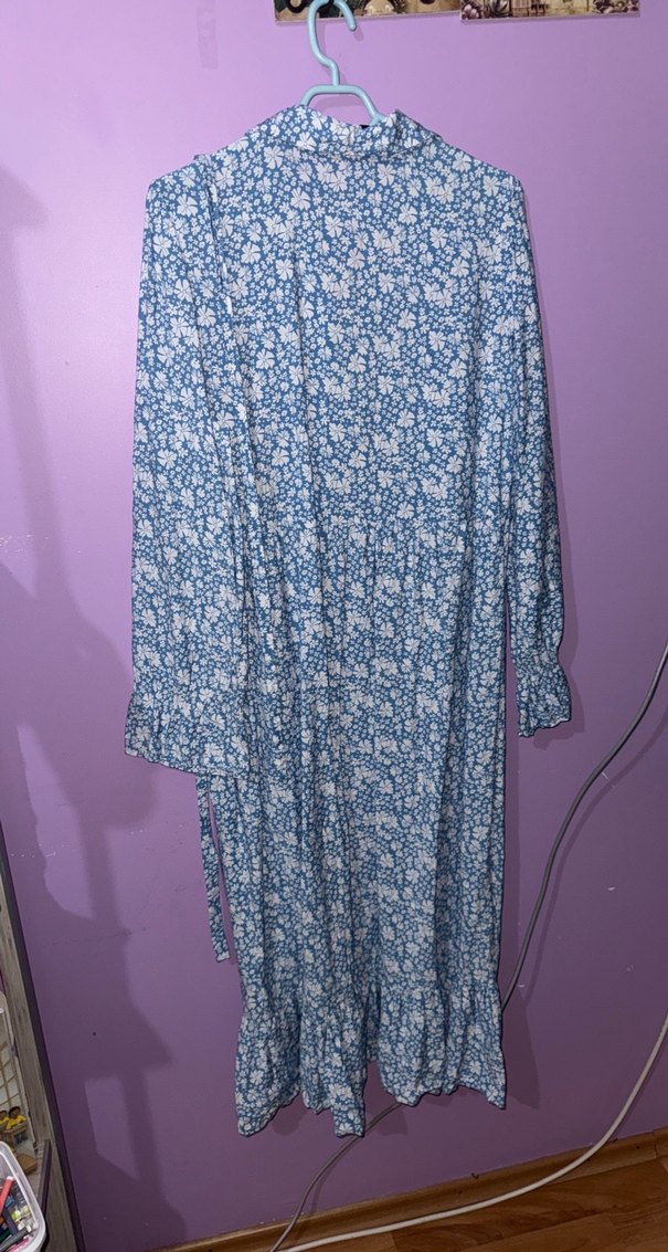 Mavi Çiçek Desenli Uzun Bohem Elbise - Görsel 2