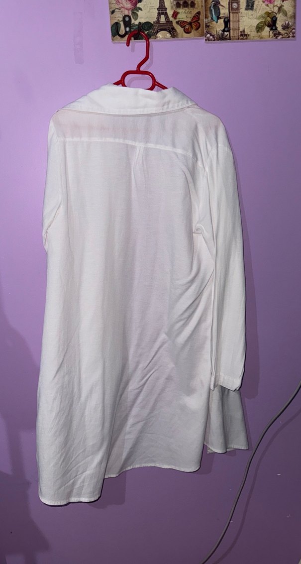 Beyaz Uzun Kollu Keten Tunik Gömlek - Görsel 2