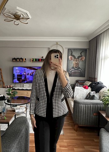 Zara Düğmeli kazayağı Kareli Kadın Blazer Ceket