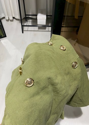 Haki Keten Düğmeli Etek - Görsel 4