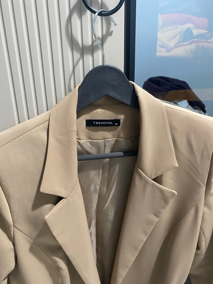 Bej Kadın Kemerli Midi Blazer - Görsel 2