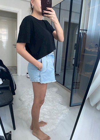 Mavi Pastel Renkli Mini Kot Etek - Görsel 2