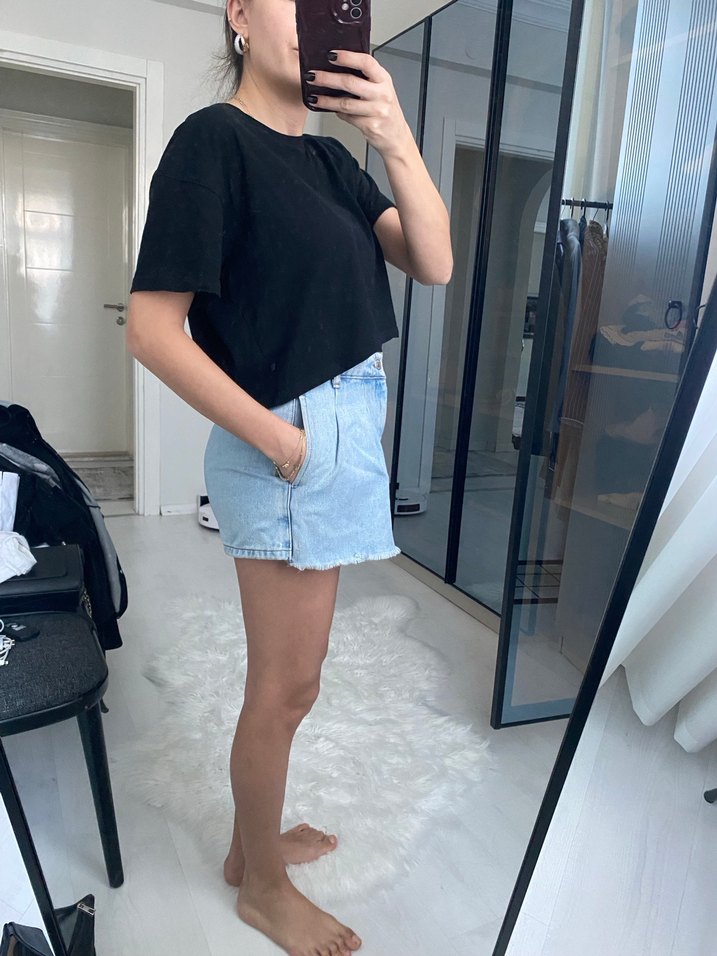 Mavi Pastel Renkli Mini Kot Etek - Görsel 2