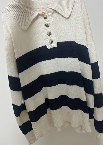 Düğmeli Çizgili Beyaz Gri Kadın Kazak - Görsel 2