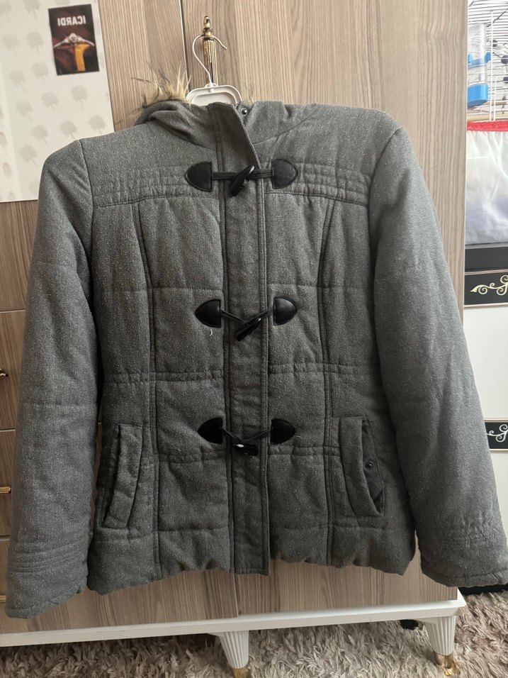 Gri Düğmeli  fermuarlı Kadın Kışlık mont - Görsel 3