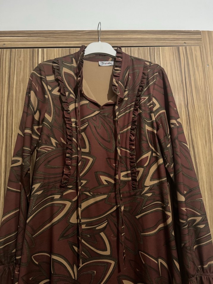 Kahverengi Bağlamalı Bohem Uzun Elbise - Görsel 2