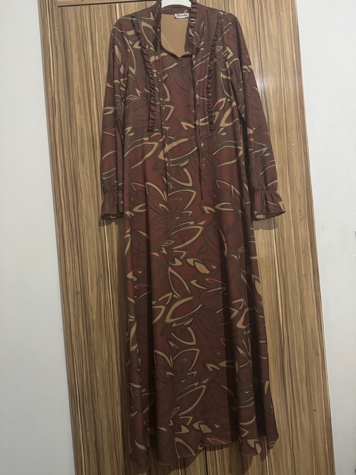 Kahverengi Bağlamalı Bohem Uzun Elbise - Görsel 3