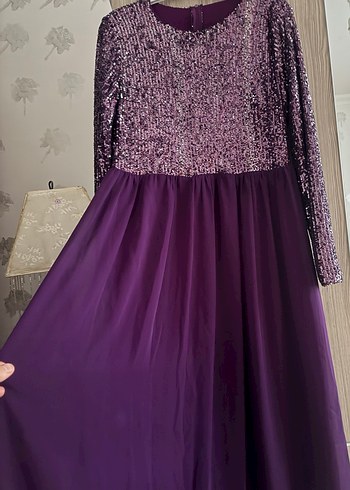 Mor Uzun Kollu Drapeli Kadın Abiye Elbise - Görsel 4