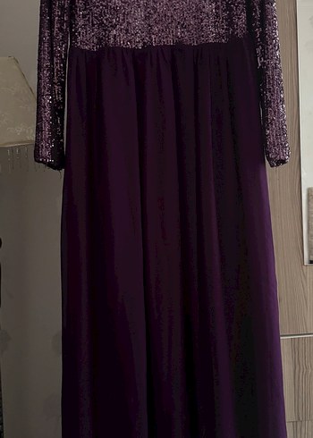 Mor Uzun Kollu Drapeli Kadın Abiye Elbise - Görsel 2