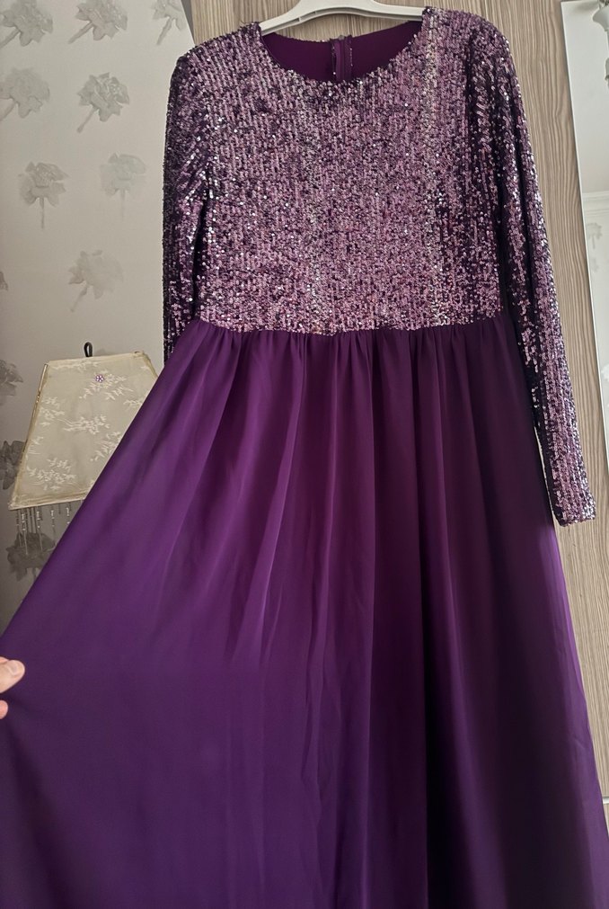 Mor Uzun Kollu Drapeli Kadın Abiye Elbise - Görsel 4