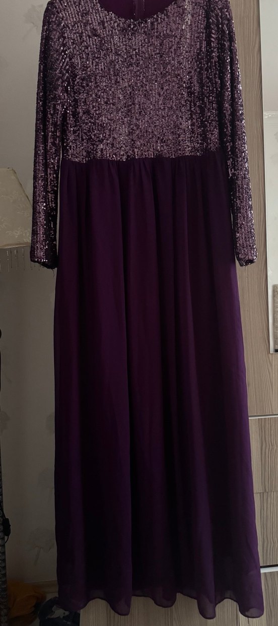 Mor Uzun Kollu Drapeli Kadın Abiye Elbise - Görsel 2