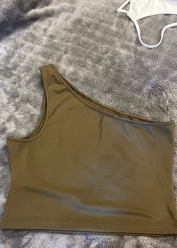 s Beden Tek Omuzlu Haki Crop Top