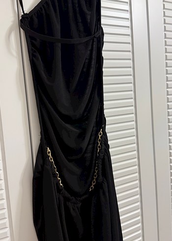 Siyah Drapeli Midi Askılı Elbise - Görsel 2