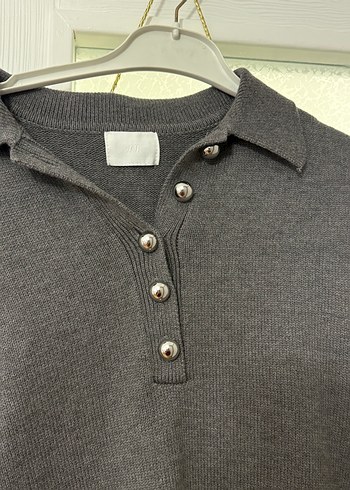 Gri Düğmeli Kadın Triko Mini Elbise - Görsel 2