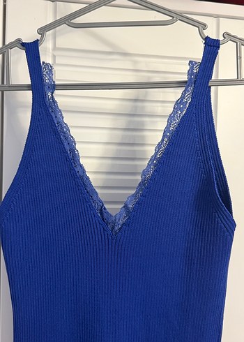 V Yaka Mavi Dantelli Mini Elbise - Görsel 2