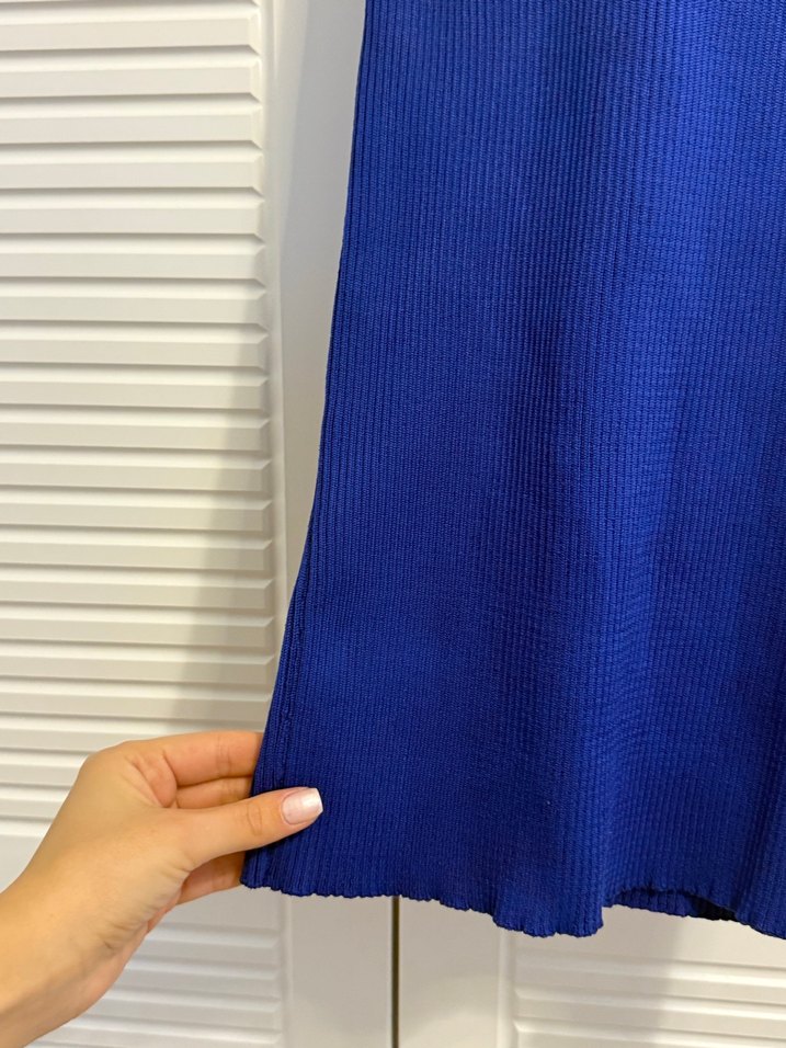 V Yaka Mavi Dantelli Mini Elbise - Görsel 3