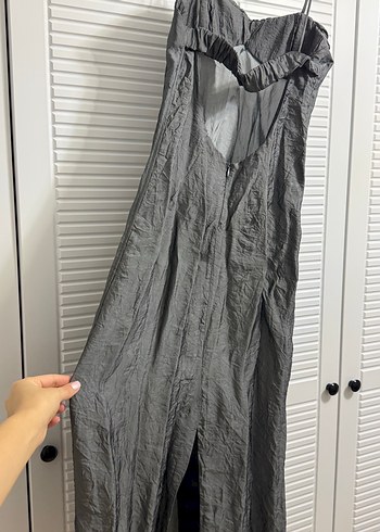 Yeşil Uzun saten Straplez Elbise - Görsel 3