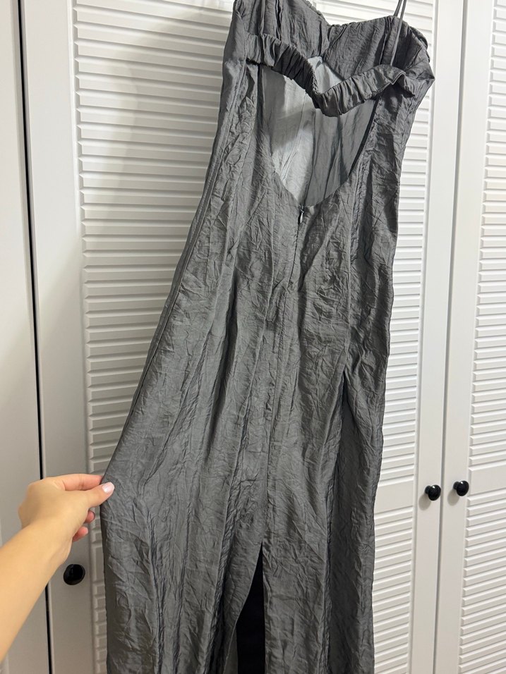 Yeşil Uzun saten Straplez Elbise - Görsel 3