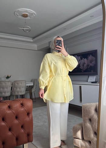 Sarı Yüksek Yakalı Transparan Tunik