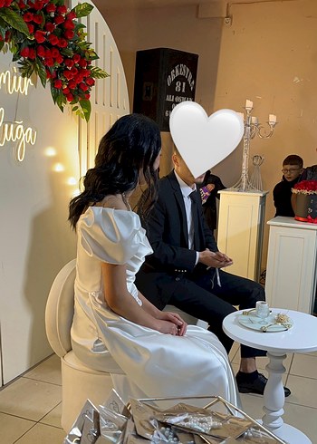 V Yaka Askılı Midi Beyaz Düz Gelinlik 
Nişan söz elbisesi - Görsel 3