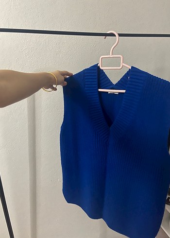 Mavi V Yaka Örgü Kadın Süveter - Görsel 2