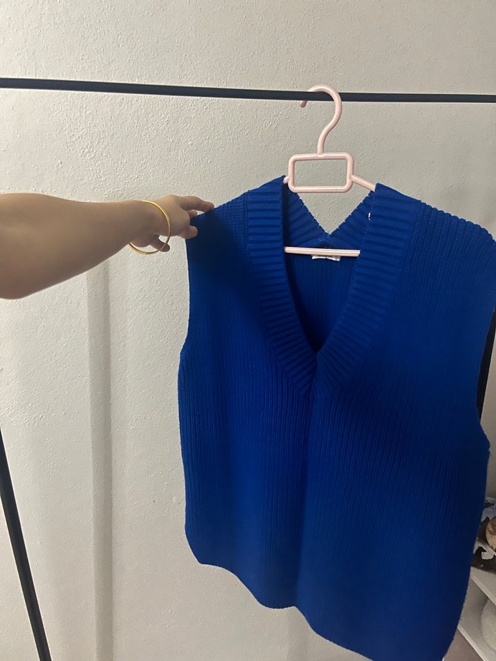 Mavi V Yaka Örgü Kadın Süveter - Görsel 2