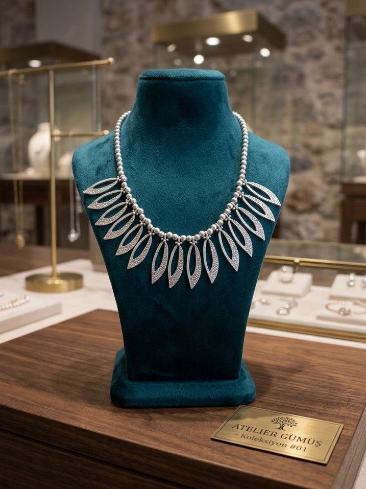 Modern Gümüş Yapraklı Kısa Kolye — görsel 2/4