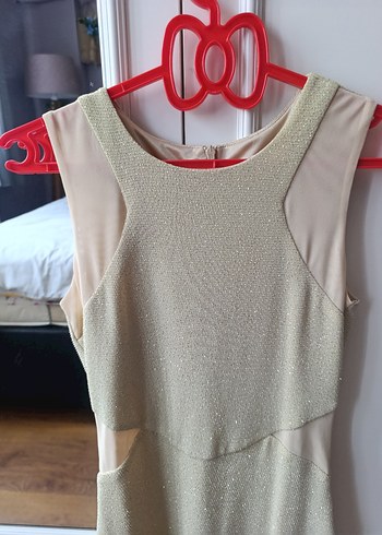 Bej Midi V Yaka Kolsuz Drapeli Abiye Elbise