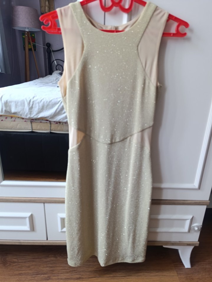 Bej Midi V Yaka Kolsuz Drapeli Abiye Elbise - Görsel 2