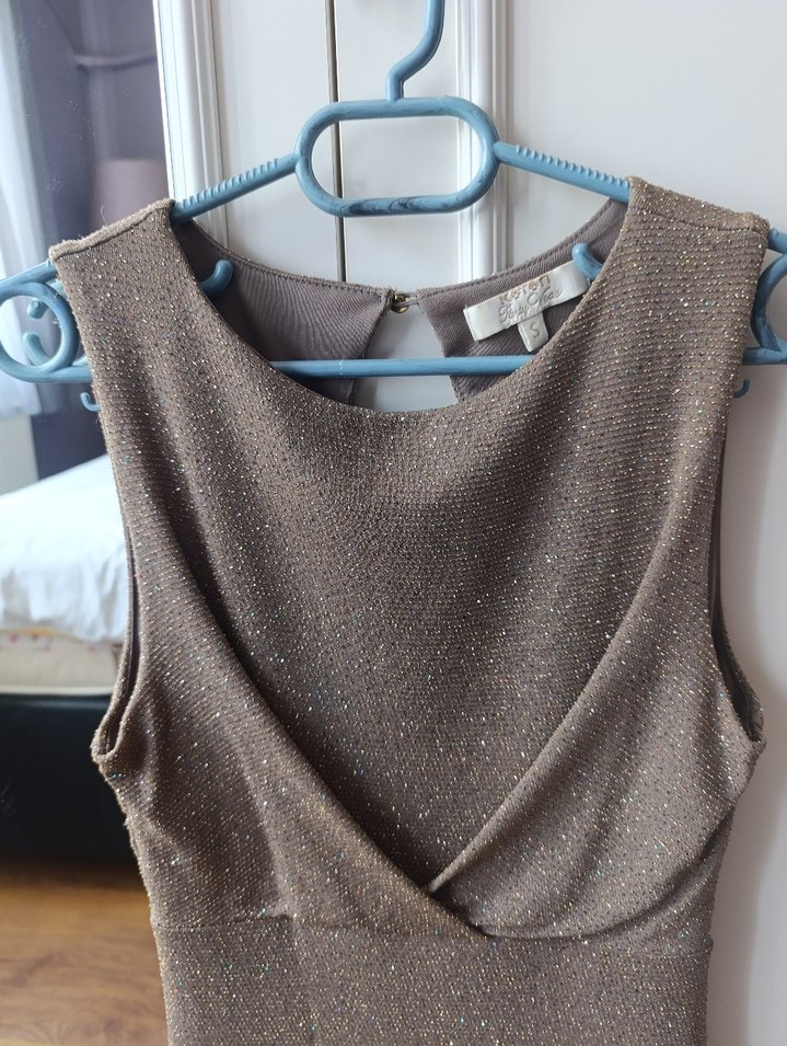 V Yaka Drapeli Kahverengi Kadın Triko Elbise - Görsel 2