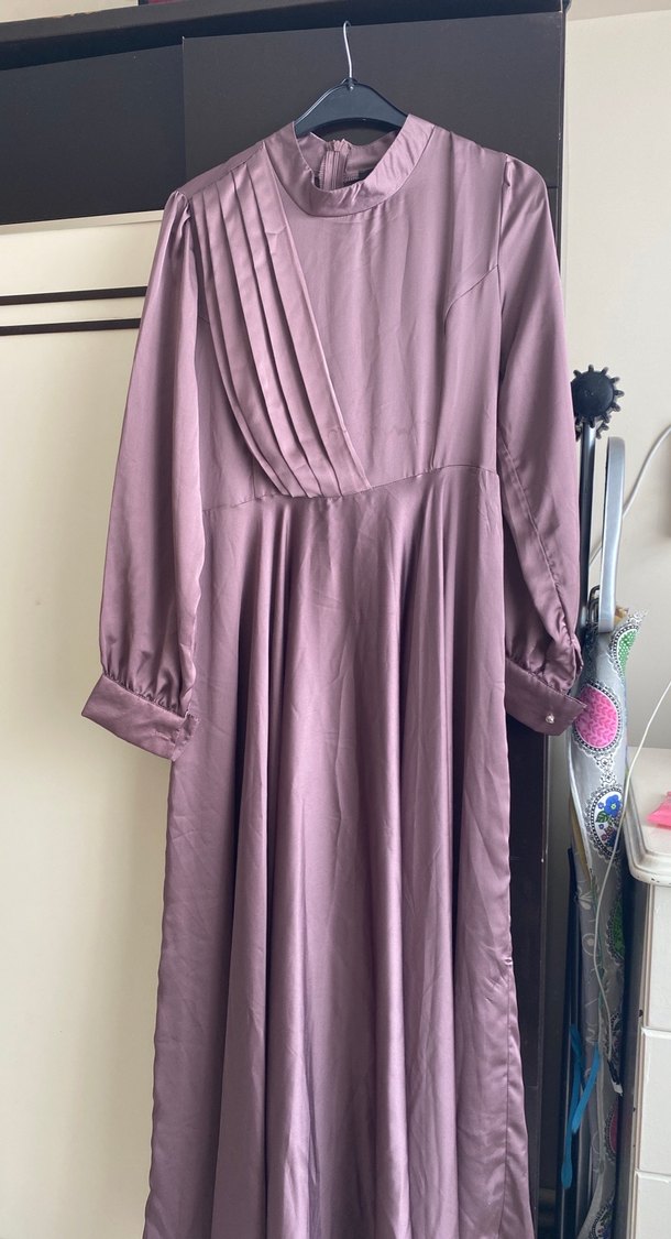 Mor Uzun Kollu Pilili Kadın Elbise - Görsel 2