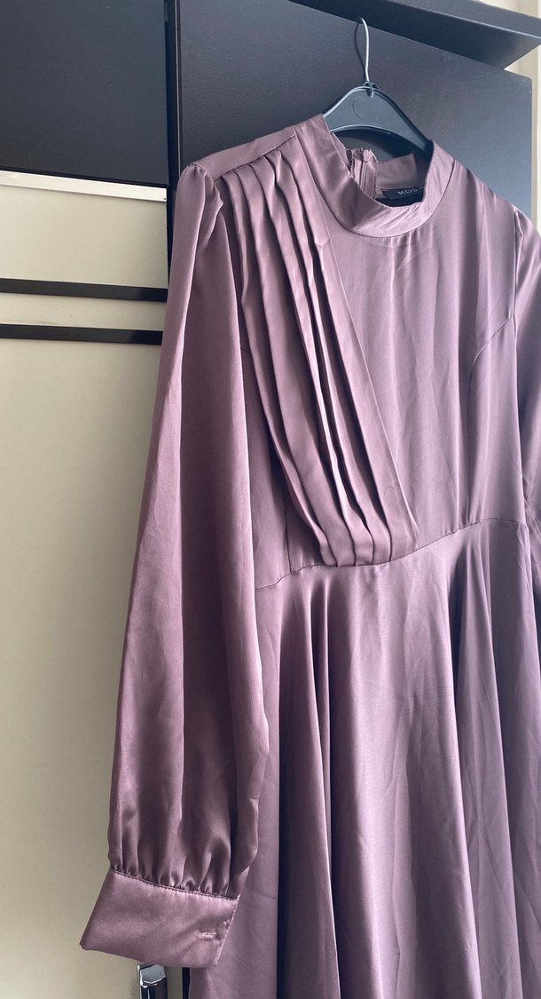 Mor Uzun Kollu Pilili Kadın Elbise - Görsel 3