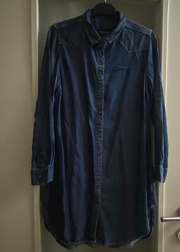 Lacivert Düğmeli Denim Midi Gömlek
