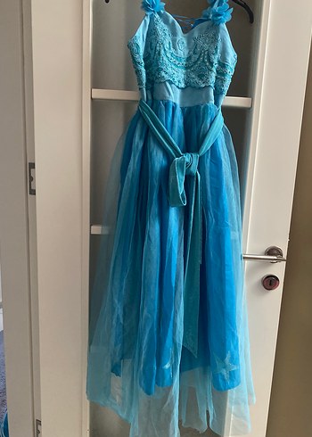 Uzun Mavi İşlemeli Straplez Abiye Elbise - Görsel 3