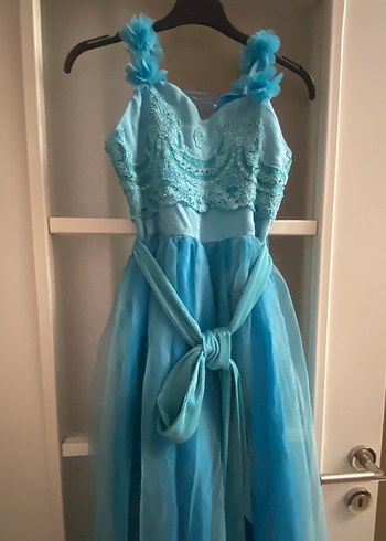 Uzun Mavi İşlemeli Straplez Abiye Elbise - Görsel 5