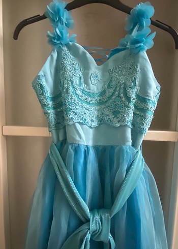 Uzun Mavi İşlemeli Straplez Abiye Elbise - Görsel 7