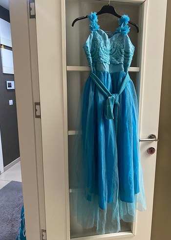 Uzun Mavi İşlemeli Straplez Abiye Elbise - Görsel 4