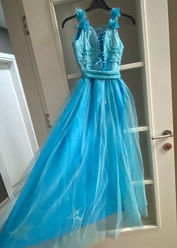 Uzun Mavi İşlemeli Straplez Abiye Elbise - Görsel 6