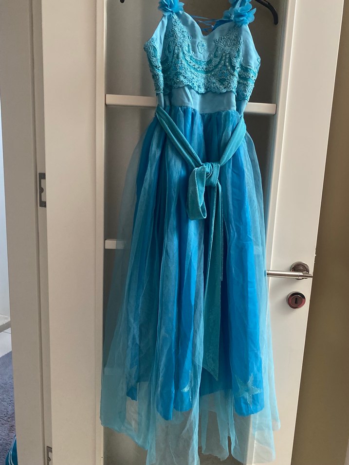 Uzun Mavi İşlemeli Straplez Abiye Elbise - Görsel 3