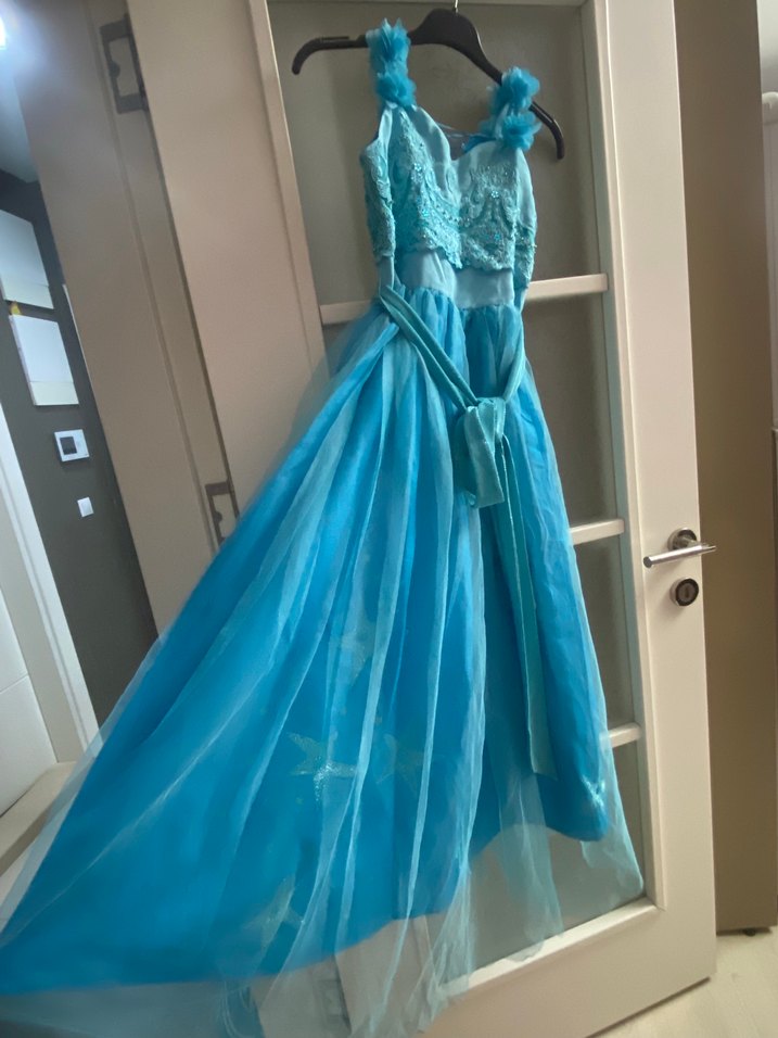 Uzun Mavi İşlemeli Straplez Abiye Elbise - Görsel 2