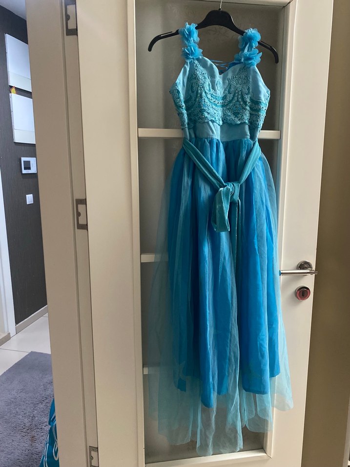 Uzun Mavi İşlemeli Straplez Abiye Elbise - Görsel 4