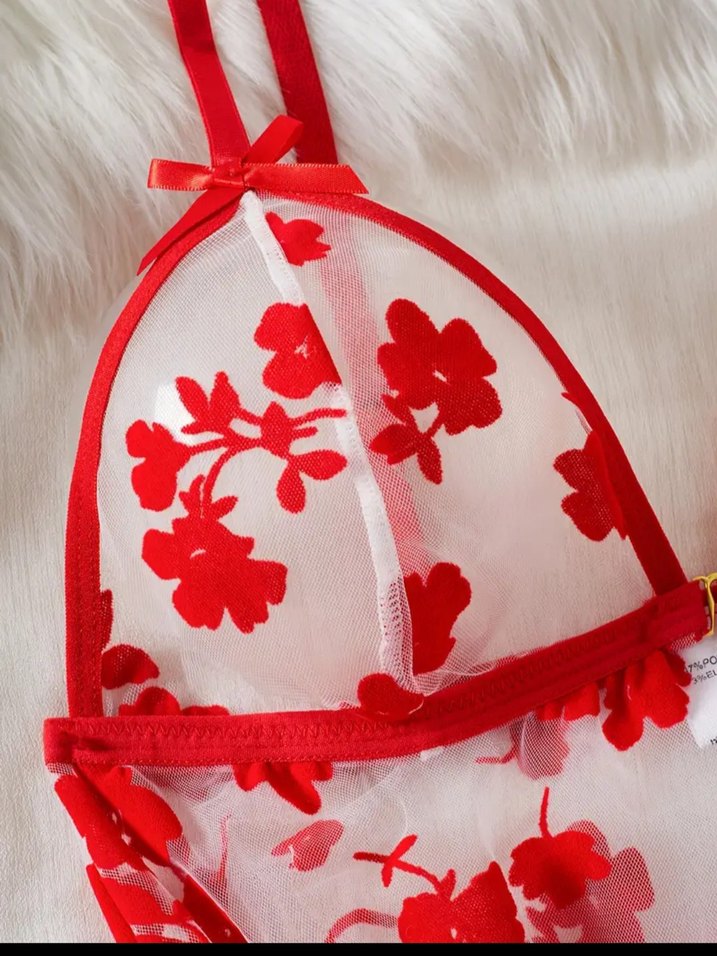 Kırmızı Çiçek Desenli Mini İp Askılı Gecelik - Görsel 2