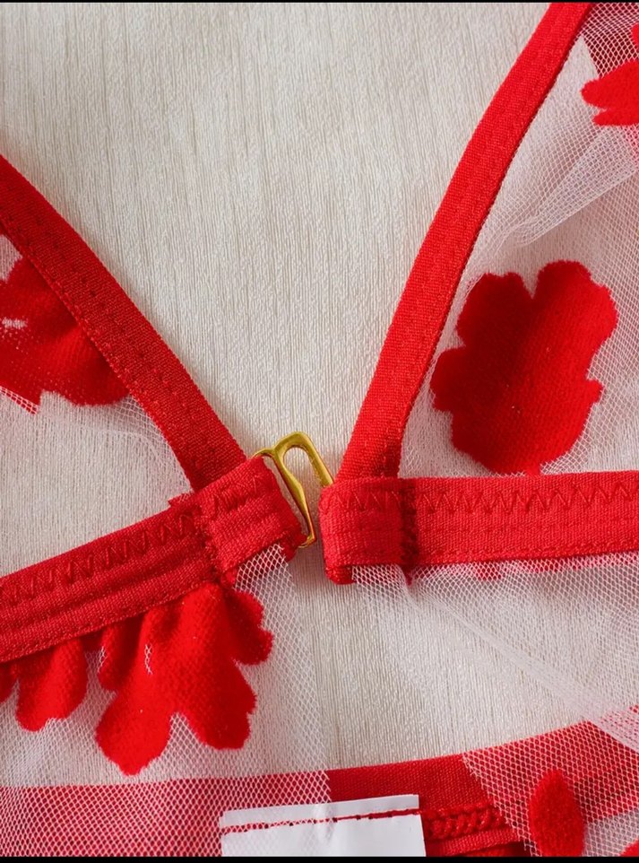 Kırmızı Çiçek Desenli Mini İp Askılı Gecelik - Görsel 4