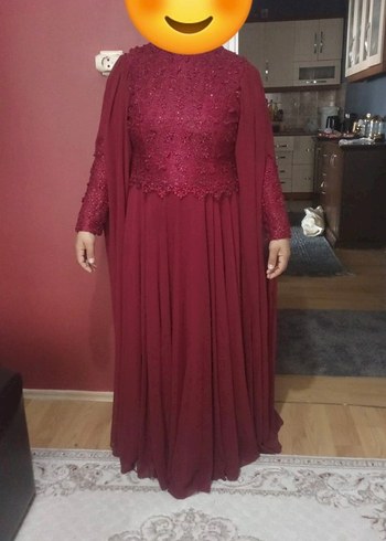 Bordo Uzun Kollu Drapeli Abiye Elbise