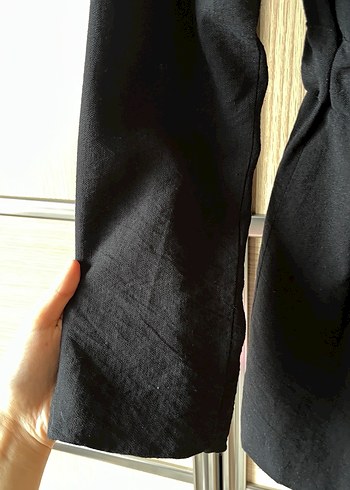 Kemerli Siyah Midi Keten Ceket - Görsel 4