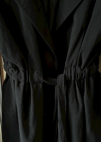 Kemerli Siyah Midi Keten Ceket - Görsel 5